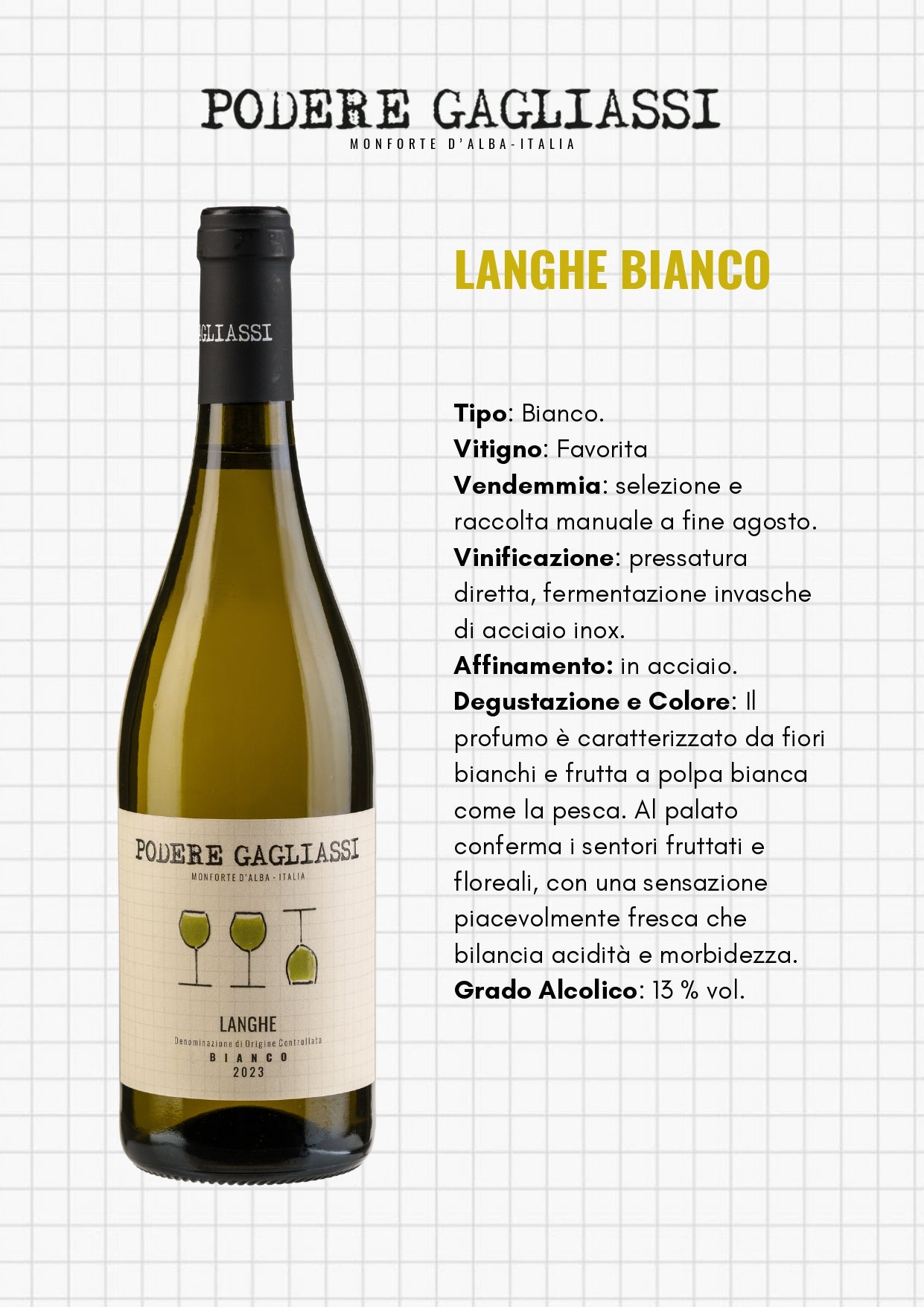 VINO LANGHE BIANCO D.O.C. CL 70 PODERE GAGLIASSI