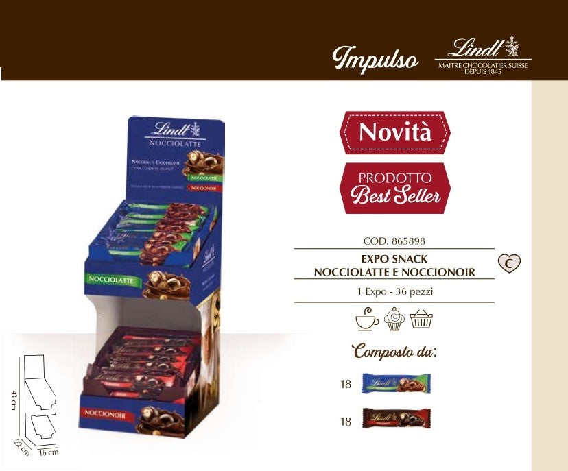LINDT EXPO NOCCIOLATTE BAR PEZZI 36  18 NOCCIOR FONDENTE +18 NOCCIOLATTE LINDT